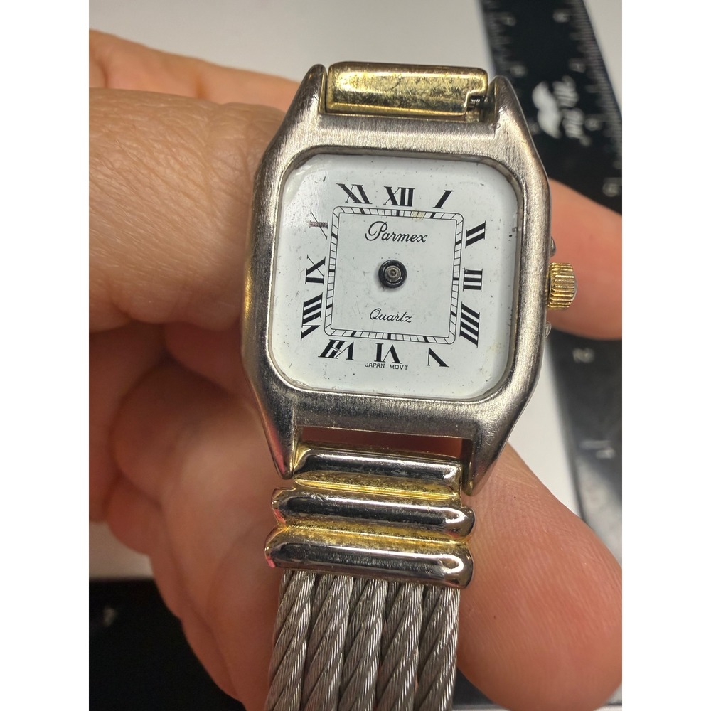 Parmex Quartz Watch Two Tone Square Face Roman Numerals Cable Leather Band